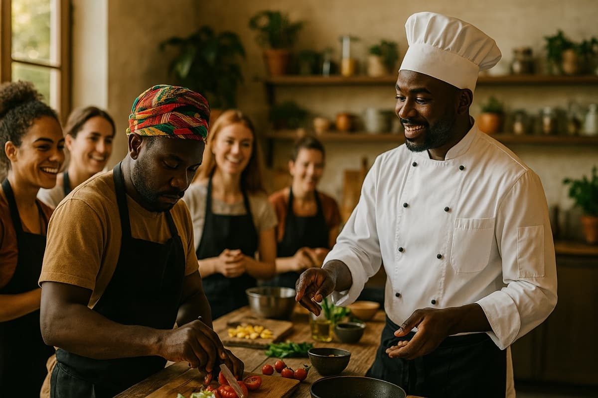 Un chef anime un atelier devant des participants souriants