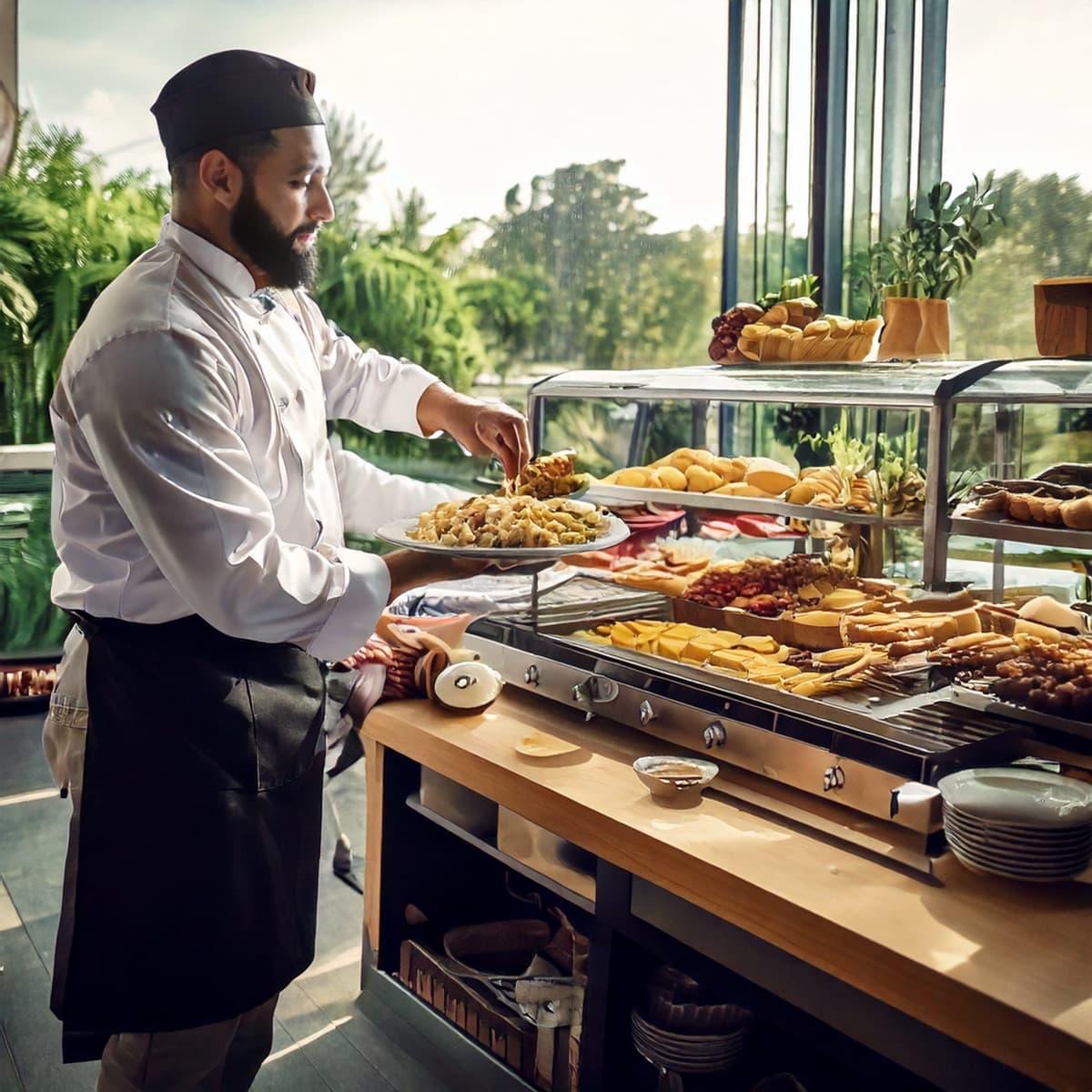 Un chef servant un buffet lors d'un événement d'entreprise