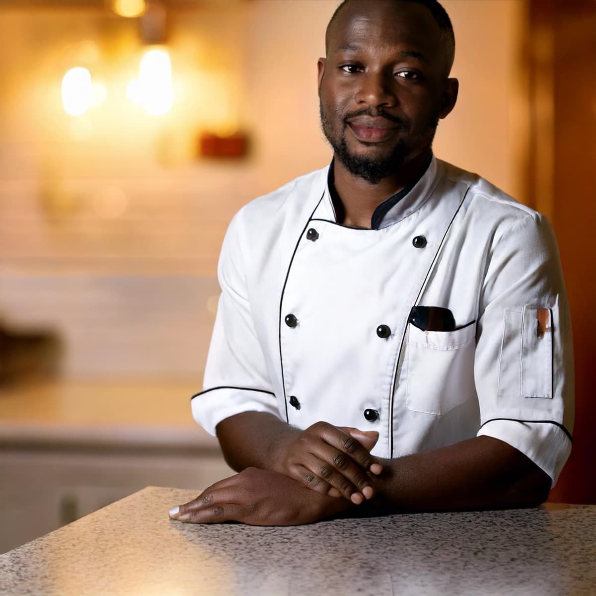 Le chef Konan, fondateur de l'Atelier, accoudé au comptoir de sa cuisine