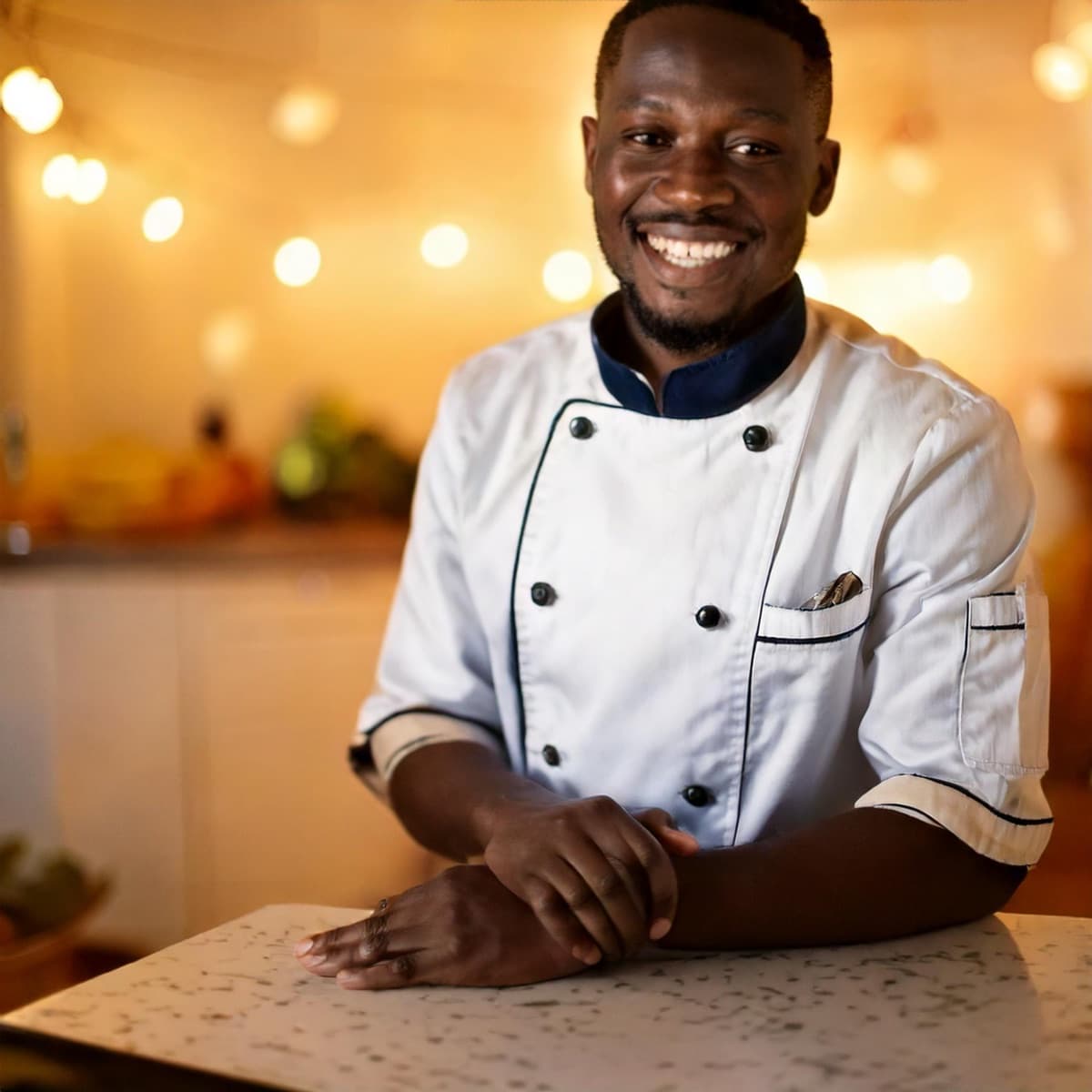 Le chef Konan, souriant, accoudé au comptoir de sa cuisine